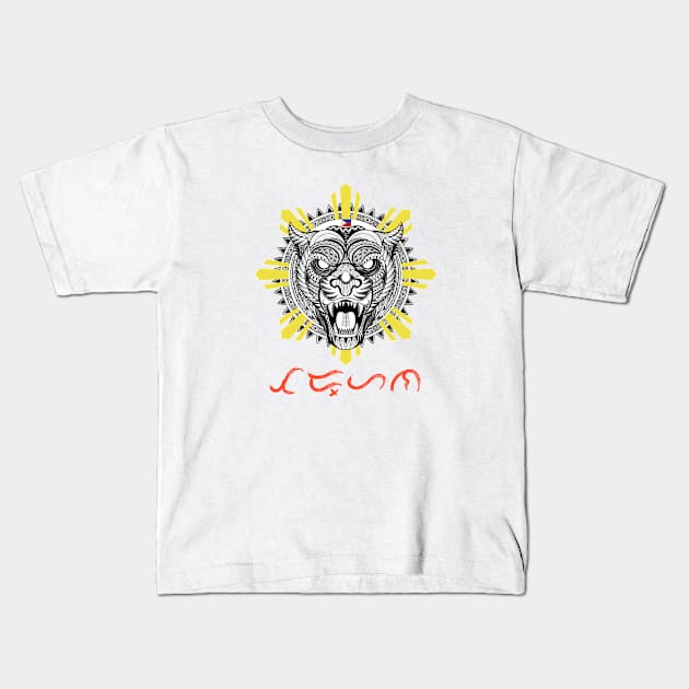 Tribal line Art Tiger / Philippine Flag Sun / Baybayin word Tadhana (Destiny) Kids T-Shirt by Pirma Pinas